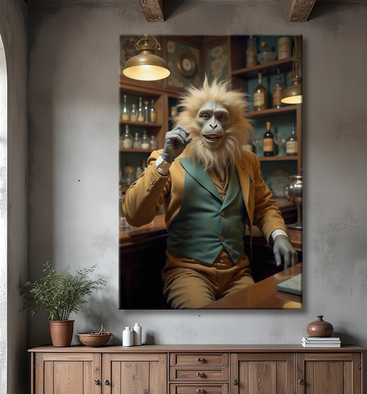 Tableau d'un singe serveur de bar ! avec decor