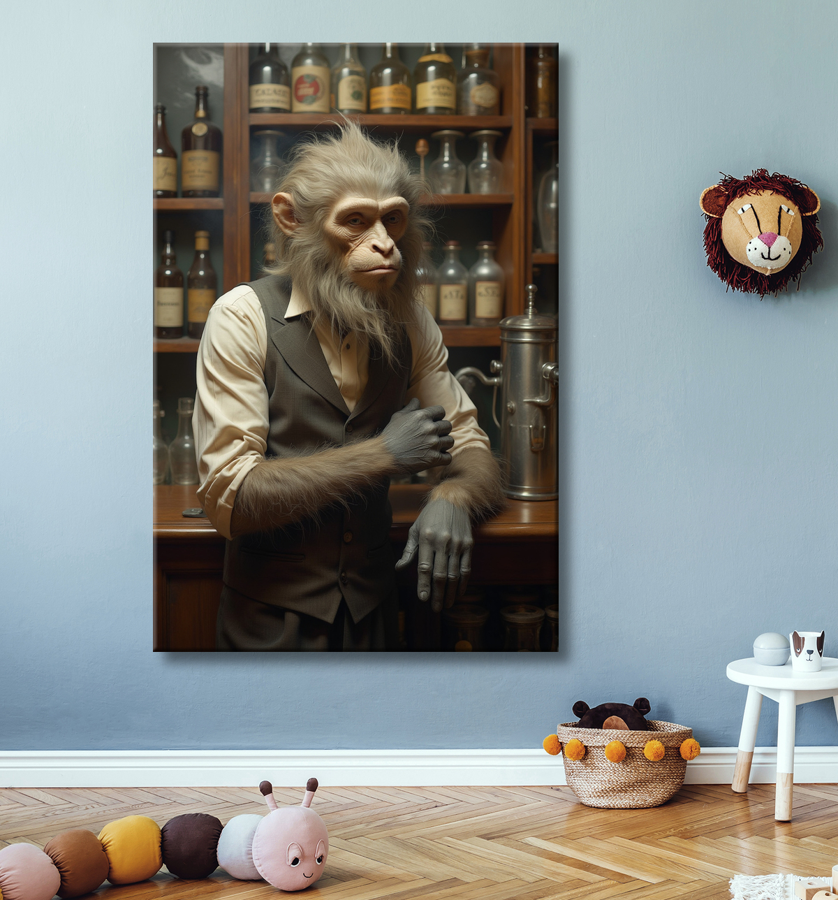 Tableau d'un singe serveur de bar ! avec decor