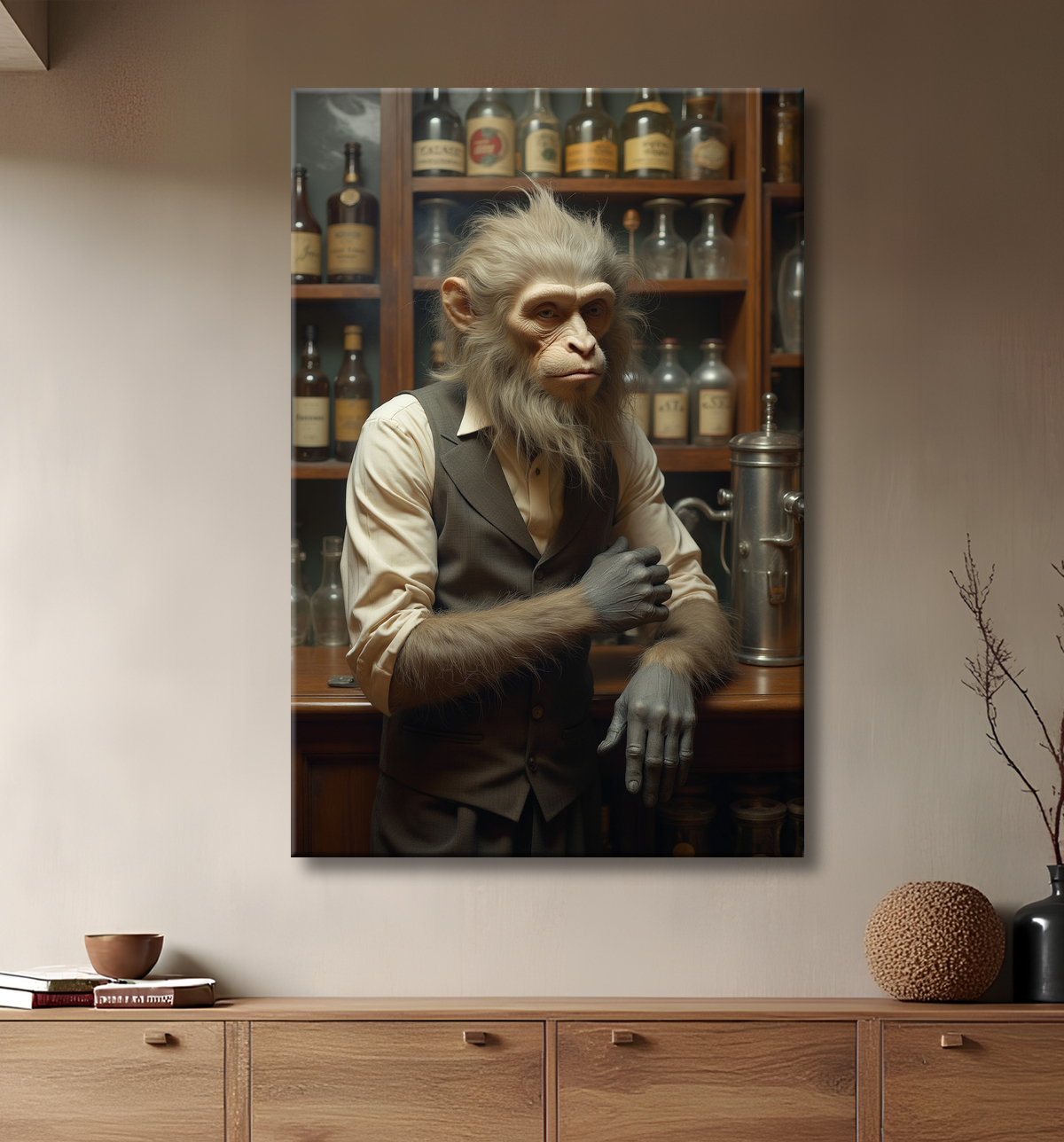 Tableau d'un singe serveur de bar ! avec decor