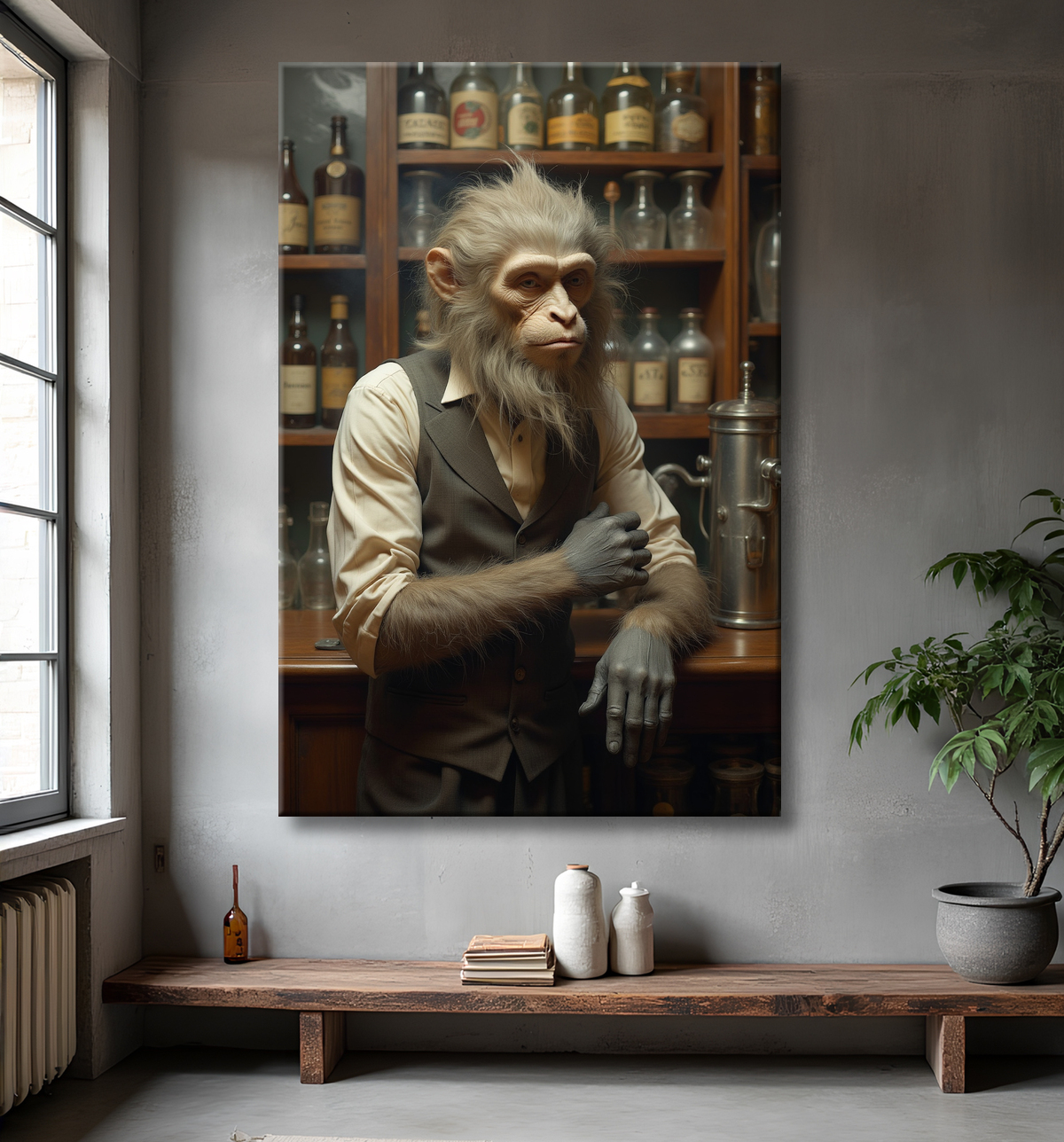 Tableau d'un singe serveur de bar ! avec decor