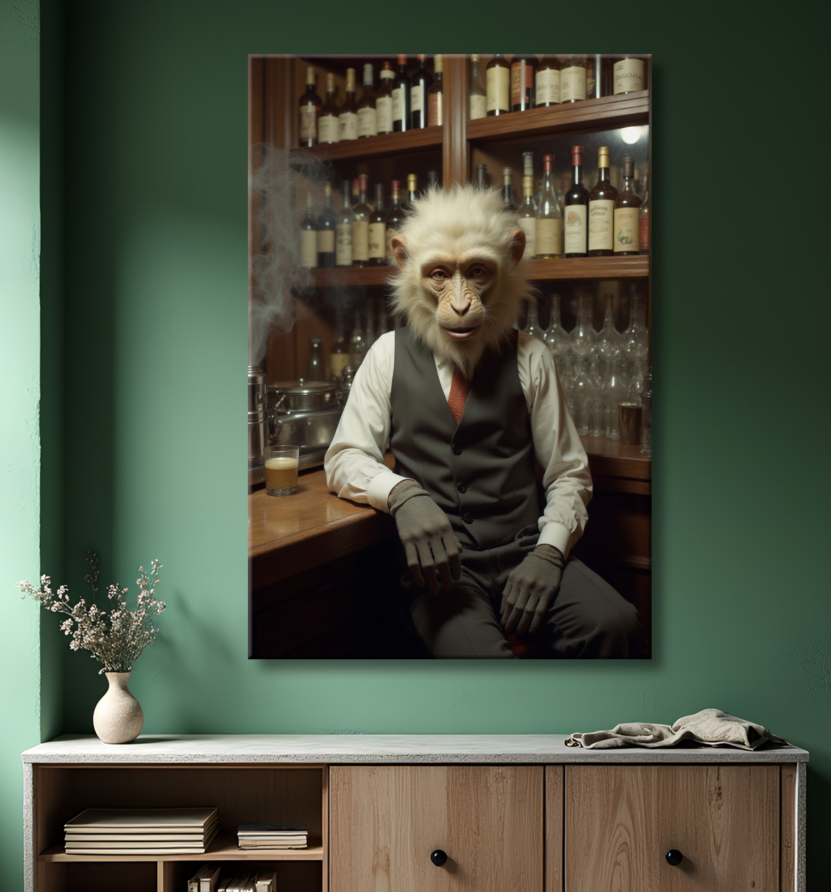 Tableau d'un singe serveur de bar ! avec decor