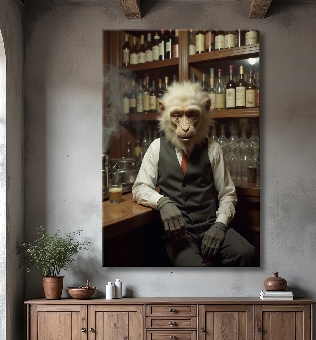 Tableau d'un singe serveur de bar ! avec decor