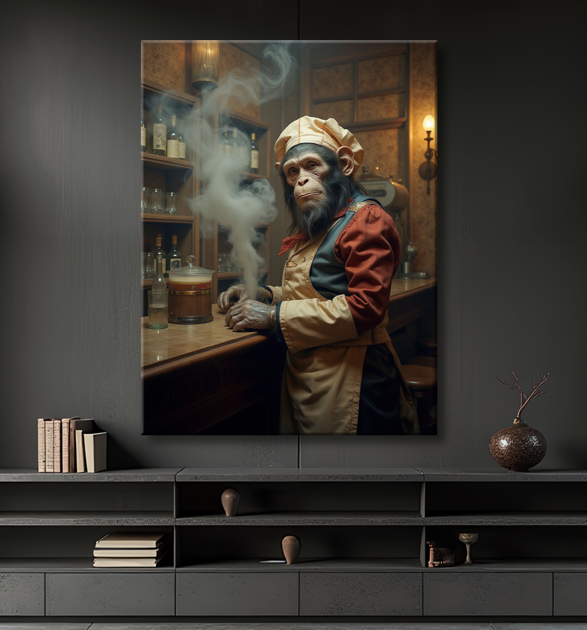 Tableau d'un singe serveur de bar ! avec decor