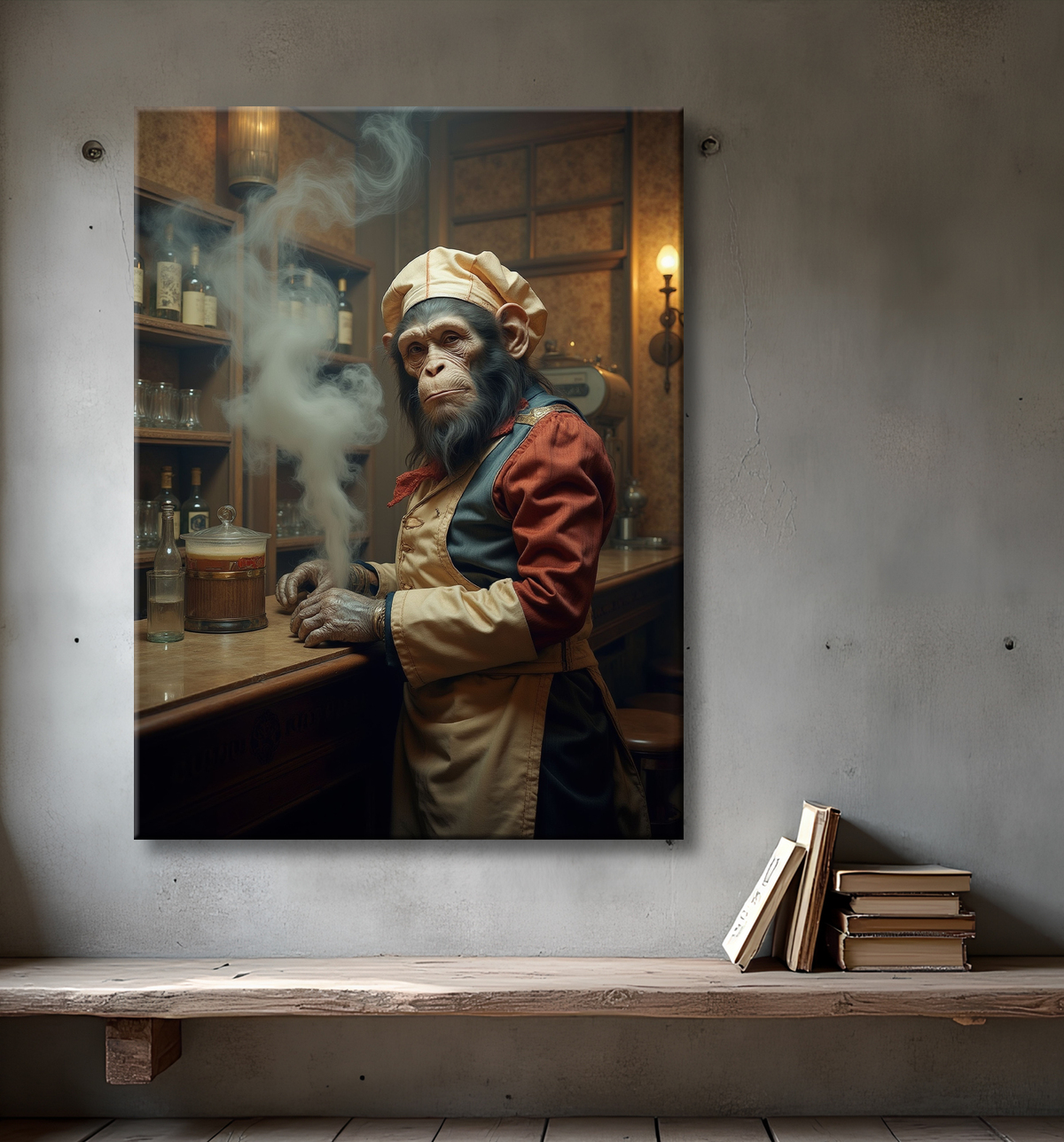 Tableau d'un singe serveur de bar ! avec decor