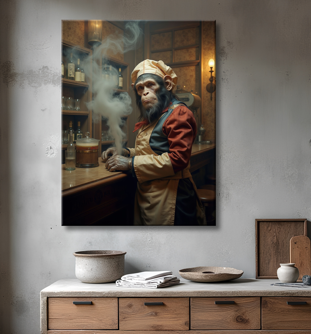 Tableau d'un singe serveur de bar ! avec decor