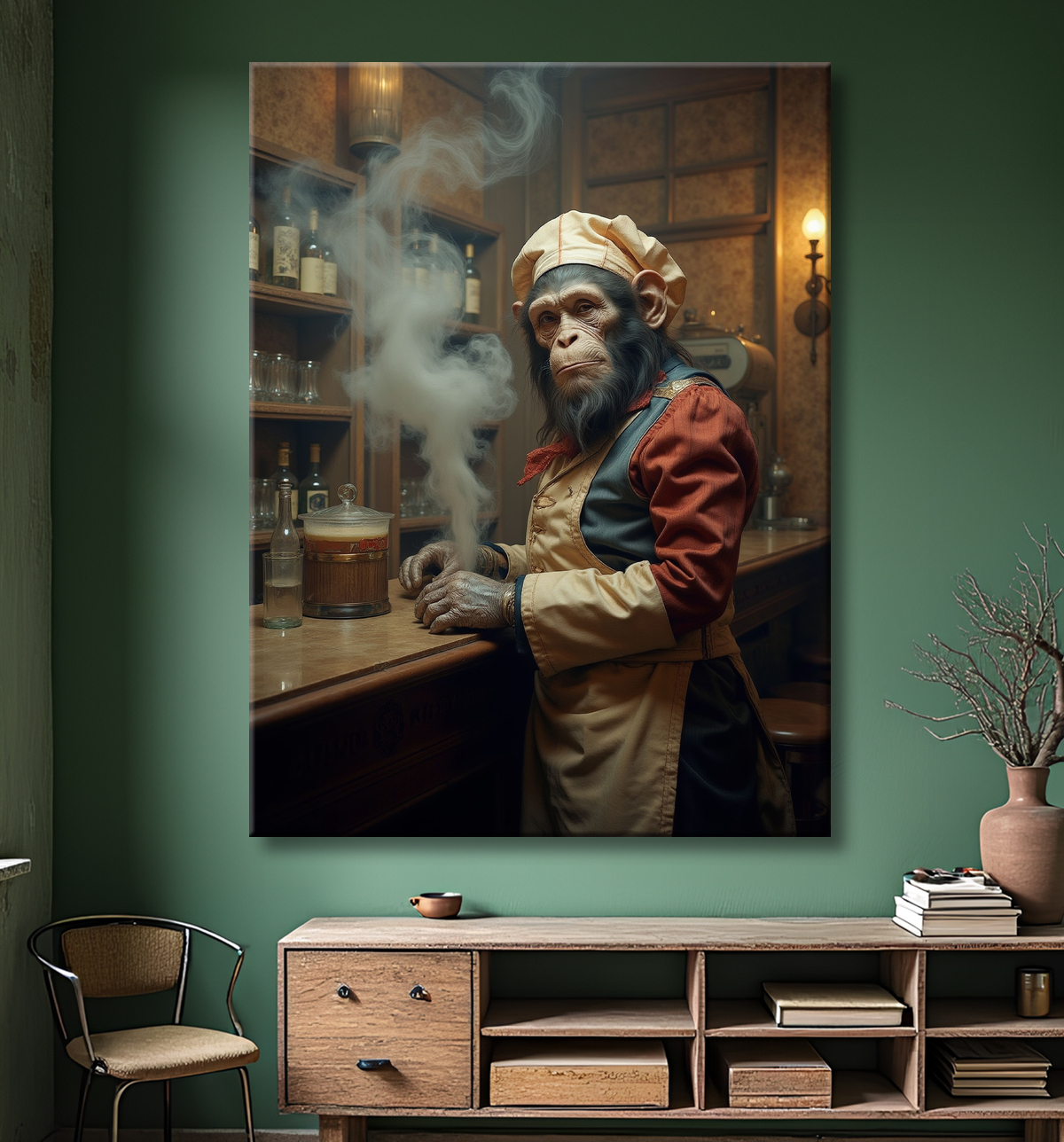 Tableau d'un singe serveur de bar ! avec decor