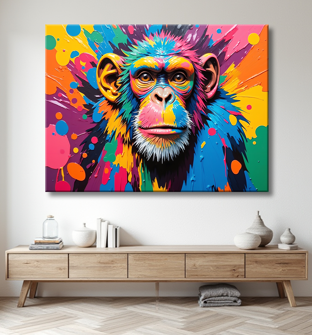 Tableau singe pop art - Couleurs vives et style graphique avec decor