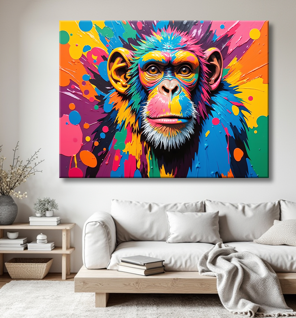 Tableau singe pop art - Couleurs vives et style graphique avec decor