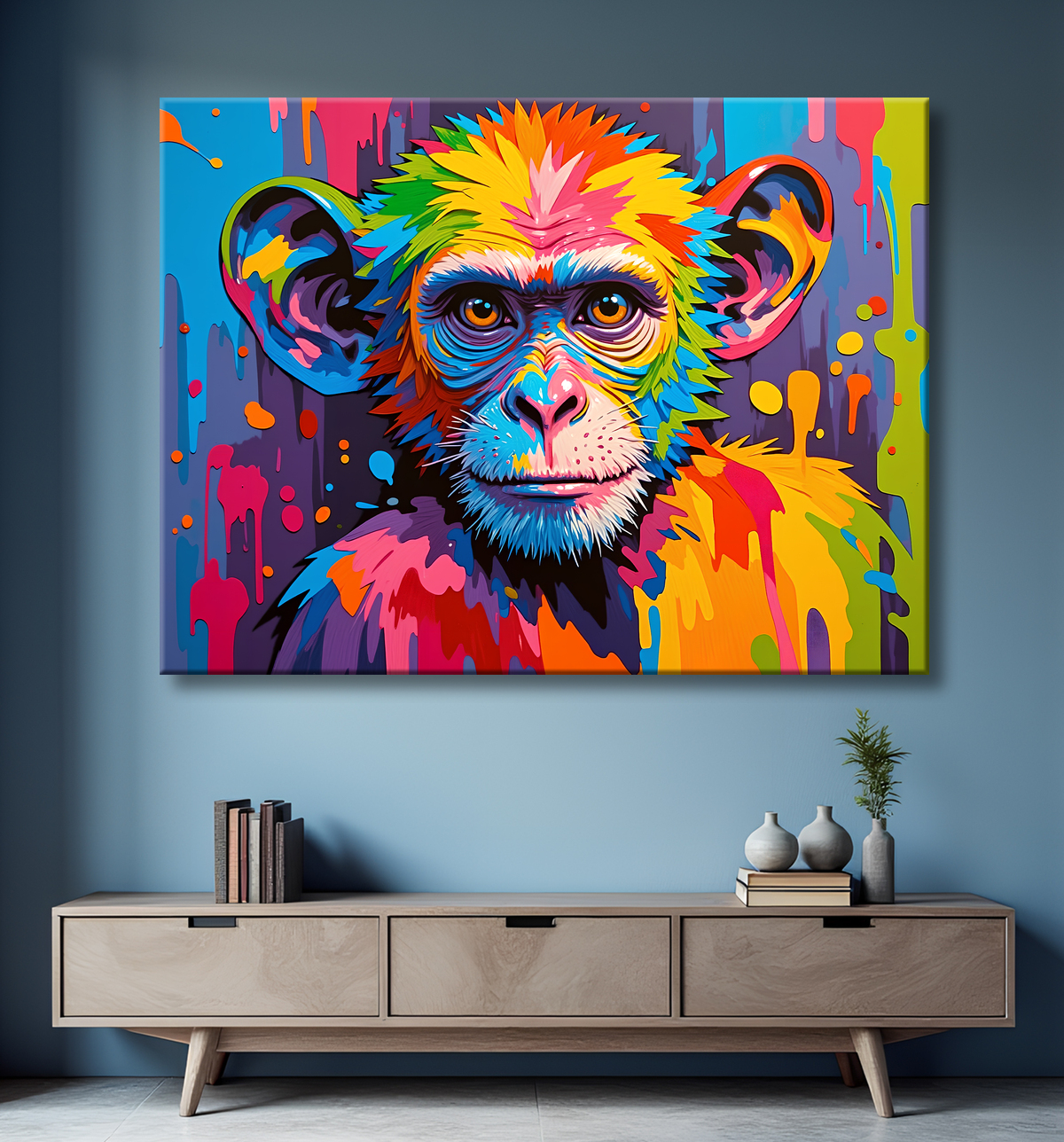 Tableau singe pop art - Couleurs vives et style graphique avec decor