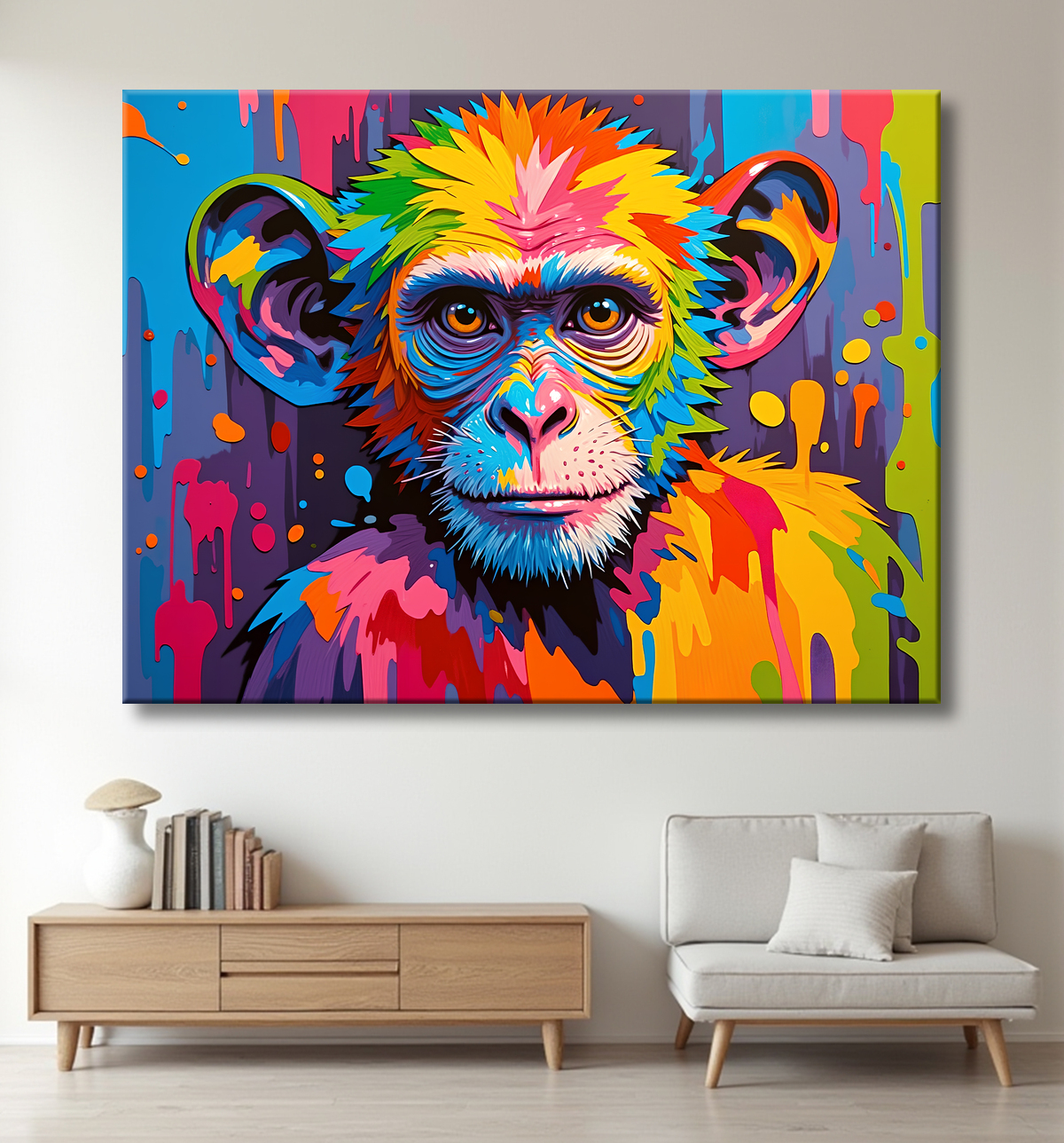 Tableau singe pop art - Couleurs vives et style graphique avec decor