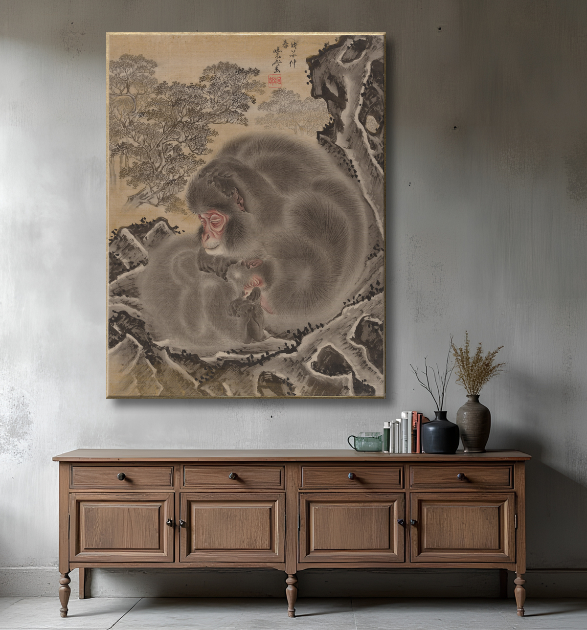 Reproduction Singes de Kawanabe Kyōsai 河鍋暁斎 avec decor