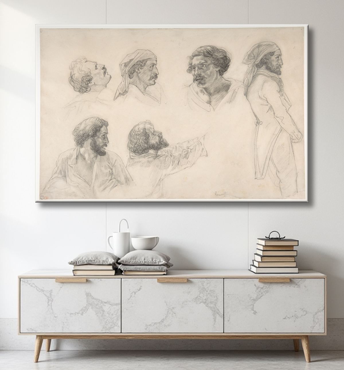 Reproduction Six études pour Corréard et Savigny dans le « Radeau de la Méduse » de Théodore Gericault avec decor