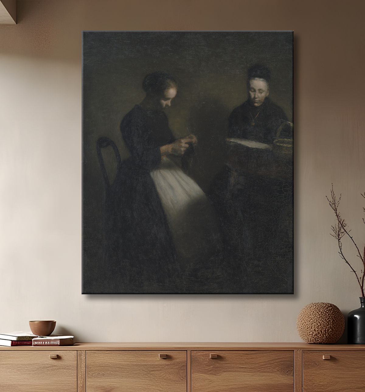 Reproduction Soirée au Salon. La mère et la femme de l'artiste de Hammershøi, Vilhelm avec decor