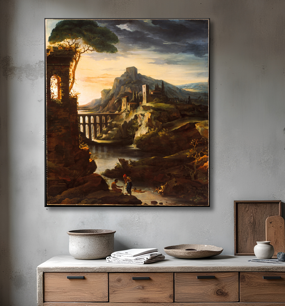 Reproduction Soirée : Paysage avec un aqueduc de Théodore Gericault avec decor