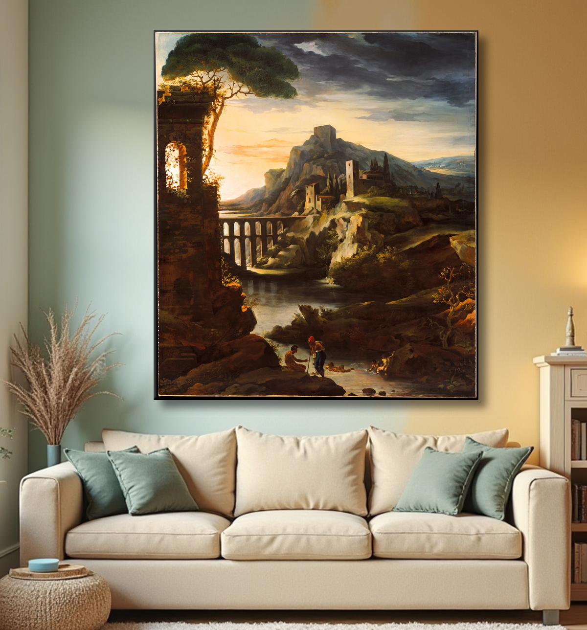Reproduction Soirée : Paysage avec un aqueduc de Théodore Gericault avec decor