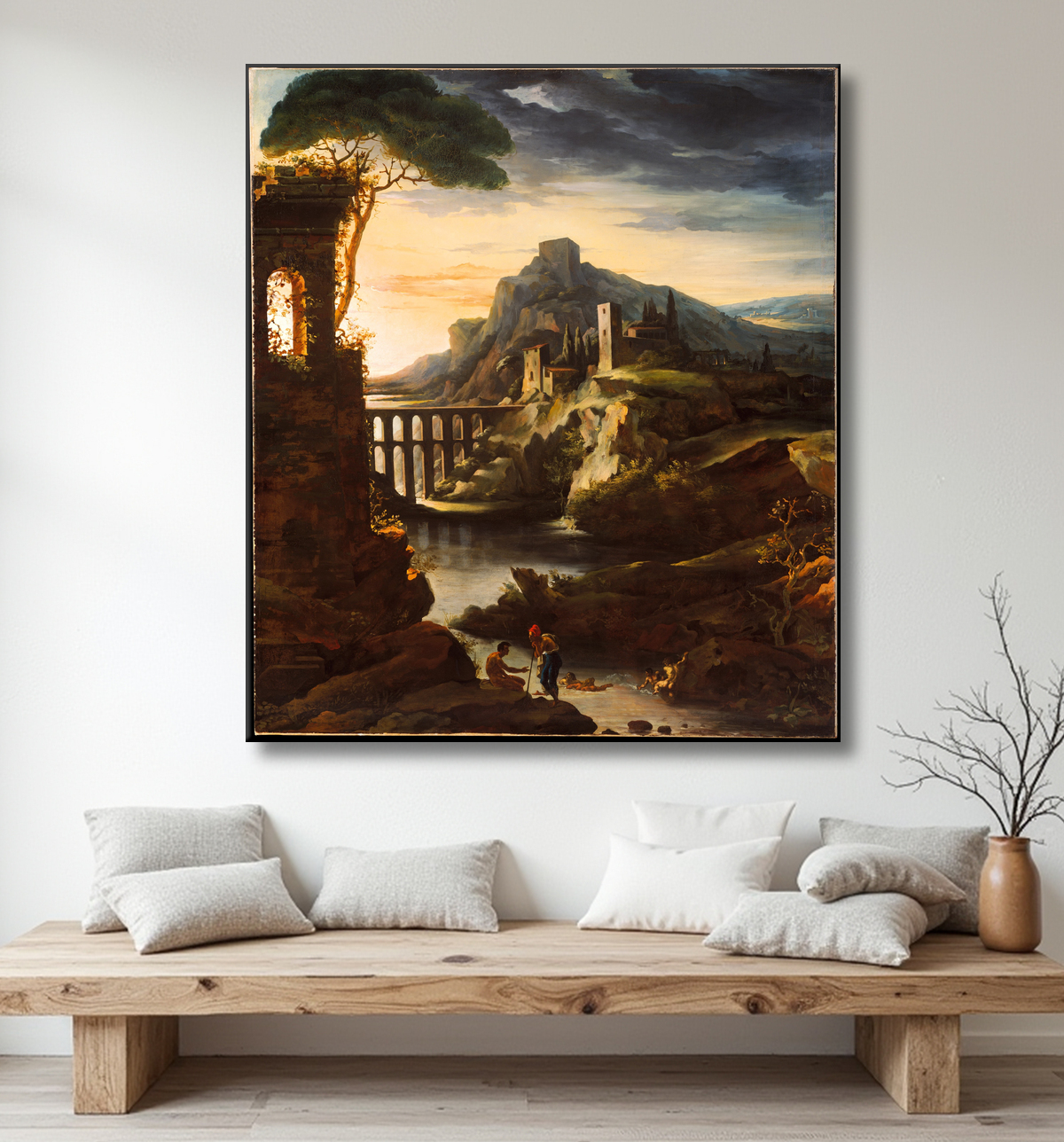 Reproduction Soirée : Paysage avec un aqueduc de Théodore Gericault avec decor