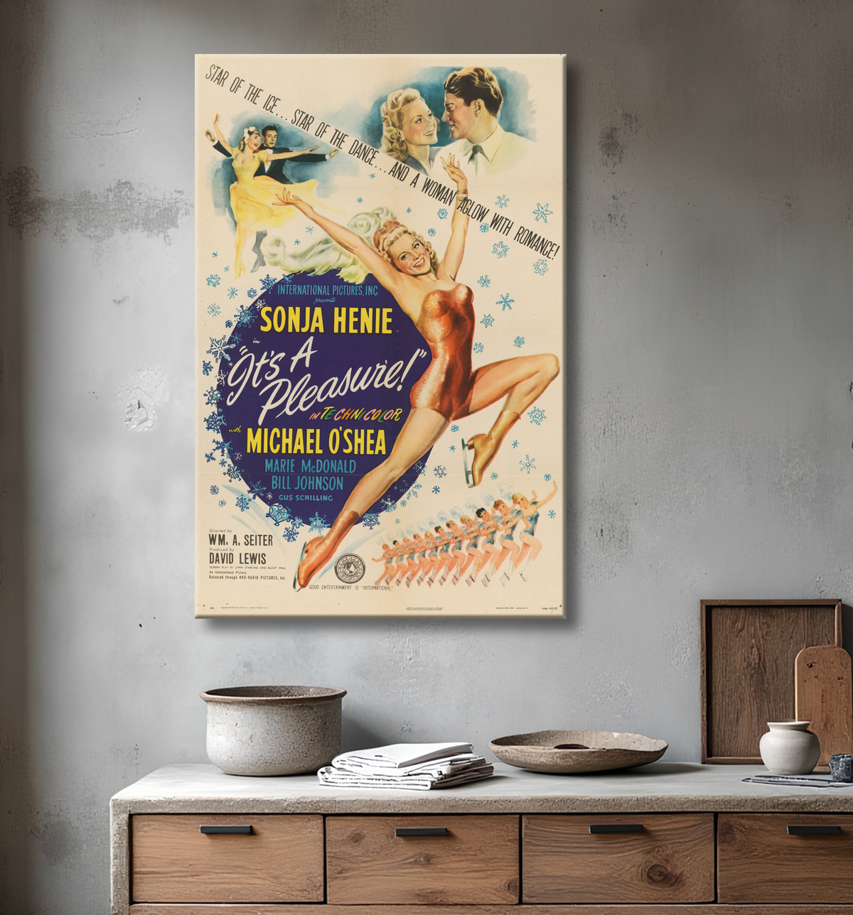 Reproduction Sonja Hénie de Morgan Lithography Company, active c. 1917 - 1945 avec decor
