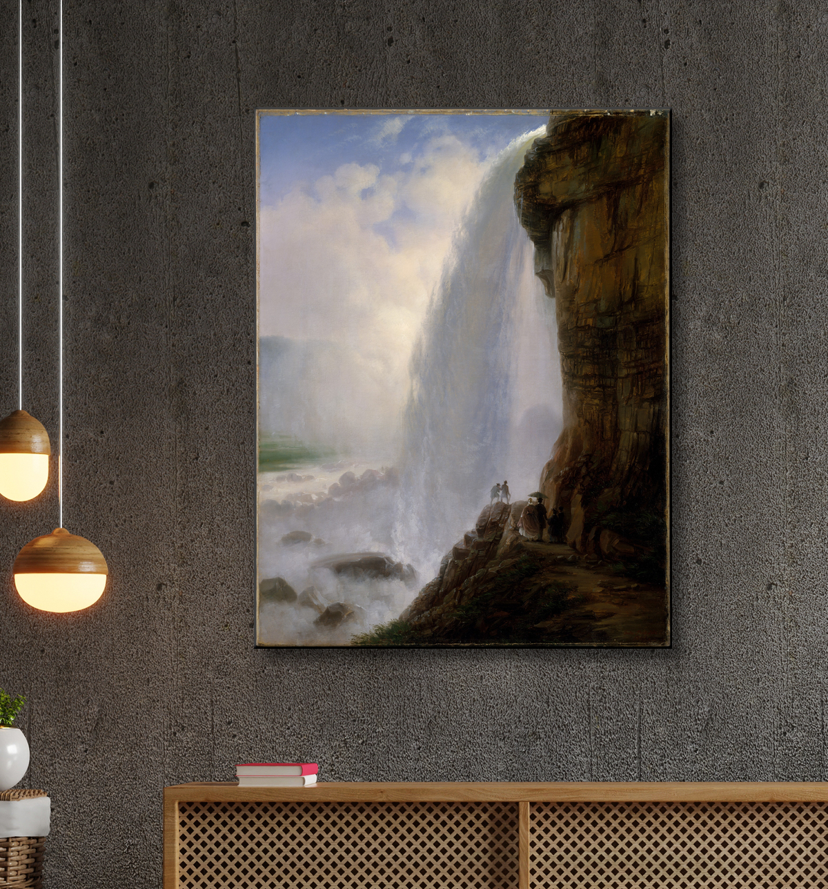 Reproduction Sous les chutes du Niagara de Ferdinand Richardt avec decor