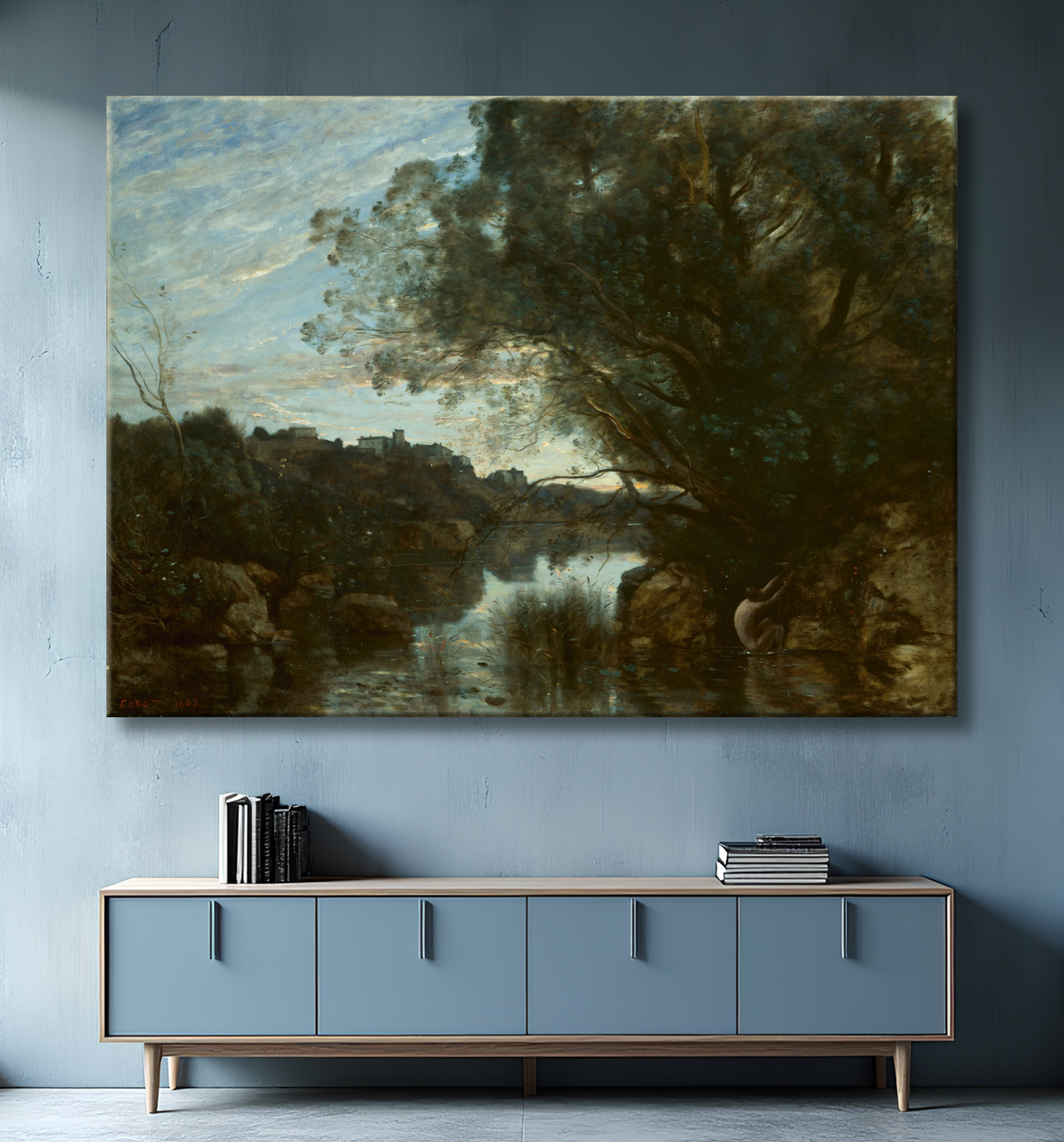 Reproduction Souvenir des environs du lac Nemi de Jean Baptiste Camille Corot avec decor