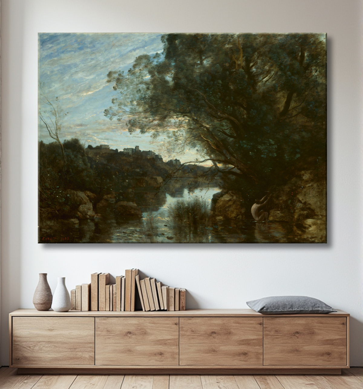 Reproduction Souvenir des environs du lac Nemi de Jean Baptiste Camille Corot avec decor