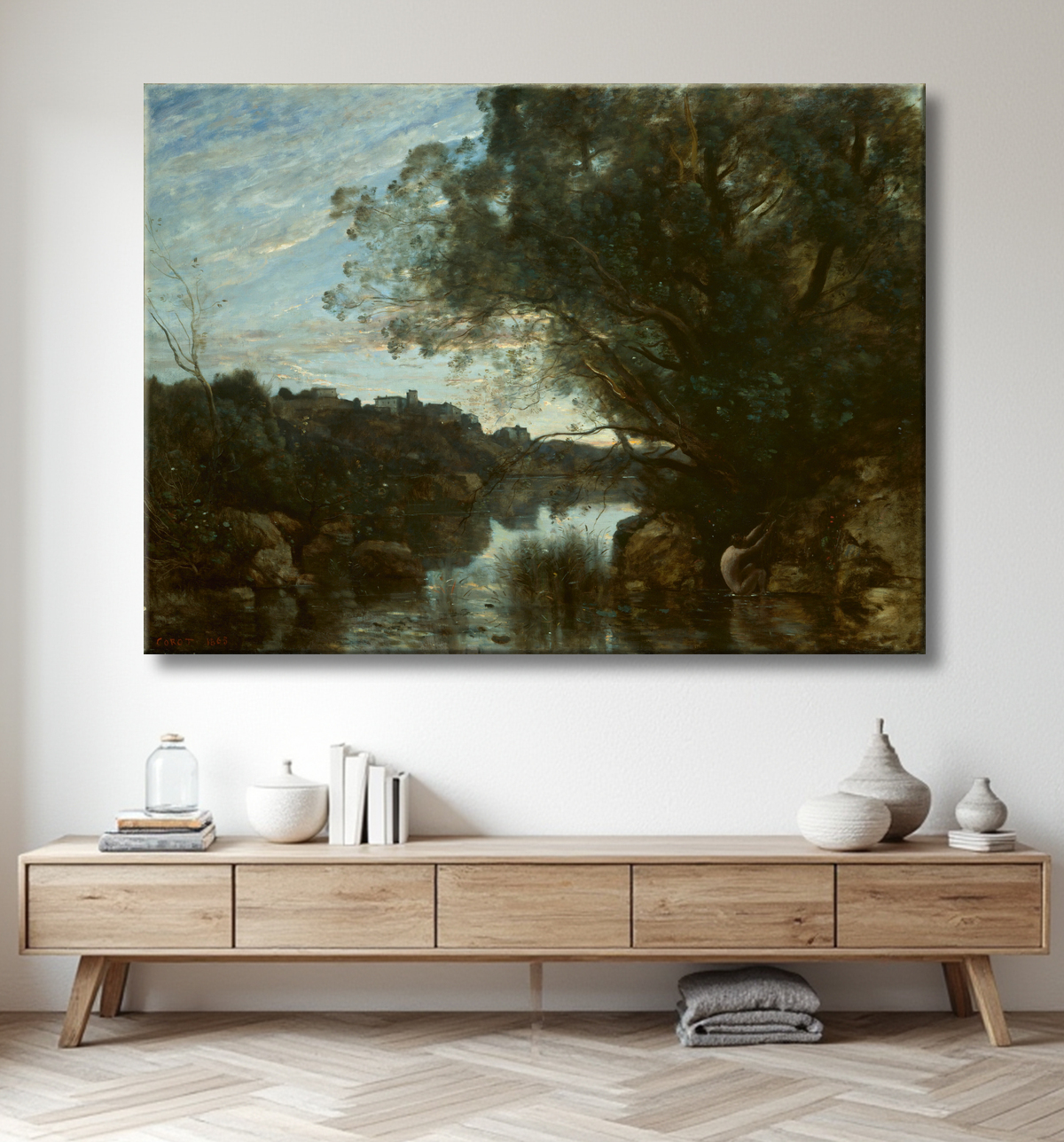 Reproduction Souvenir des environs du lac Nemi de Jean Baptiste Camille Corot avec decor