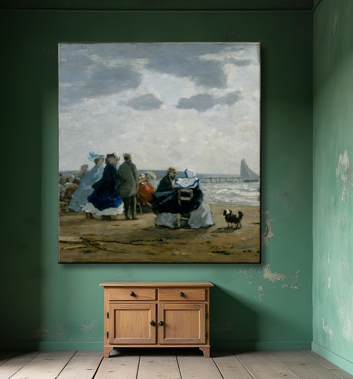 Reproduction Sur la plage, Dieppe de Eugène Boudin avec decor