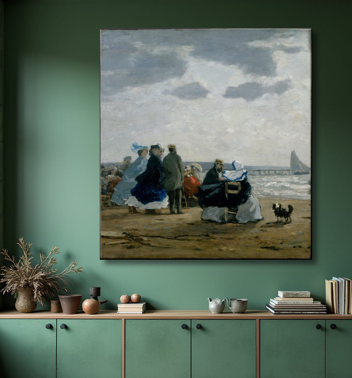 Reproduction Sur la plage, Dieppe de Eugène Boudin avec decor
