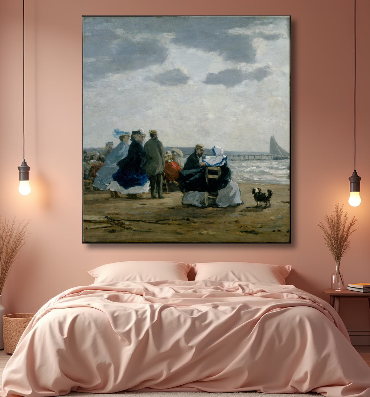Reproduction Sur la plage, Dieppe de Eugène Boudin avec decor