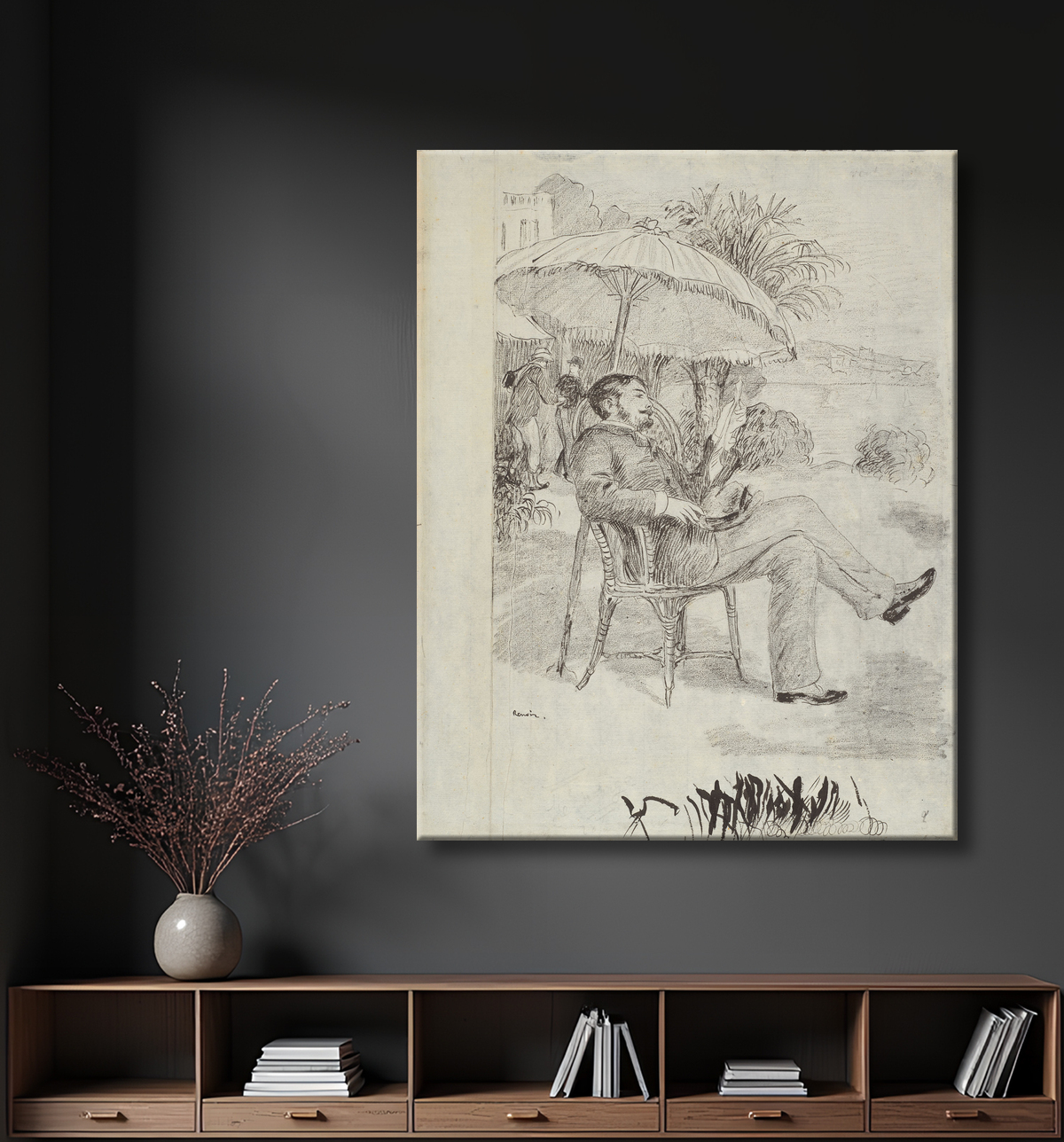 Reproduction Sur la terrasse d'un hôtel à Bordighera : le peintre Jean Martin revoit sa facture (Illustration pour « L'étiquette » d'Edmond Renoir) de Pierre-Auguste Renoir avec decor