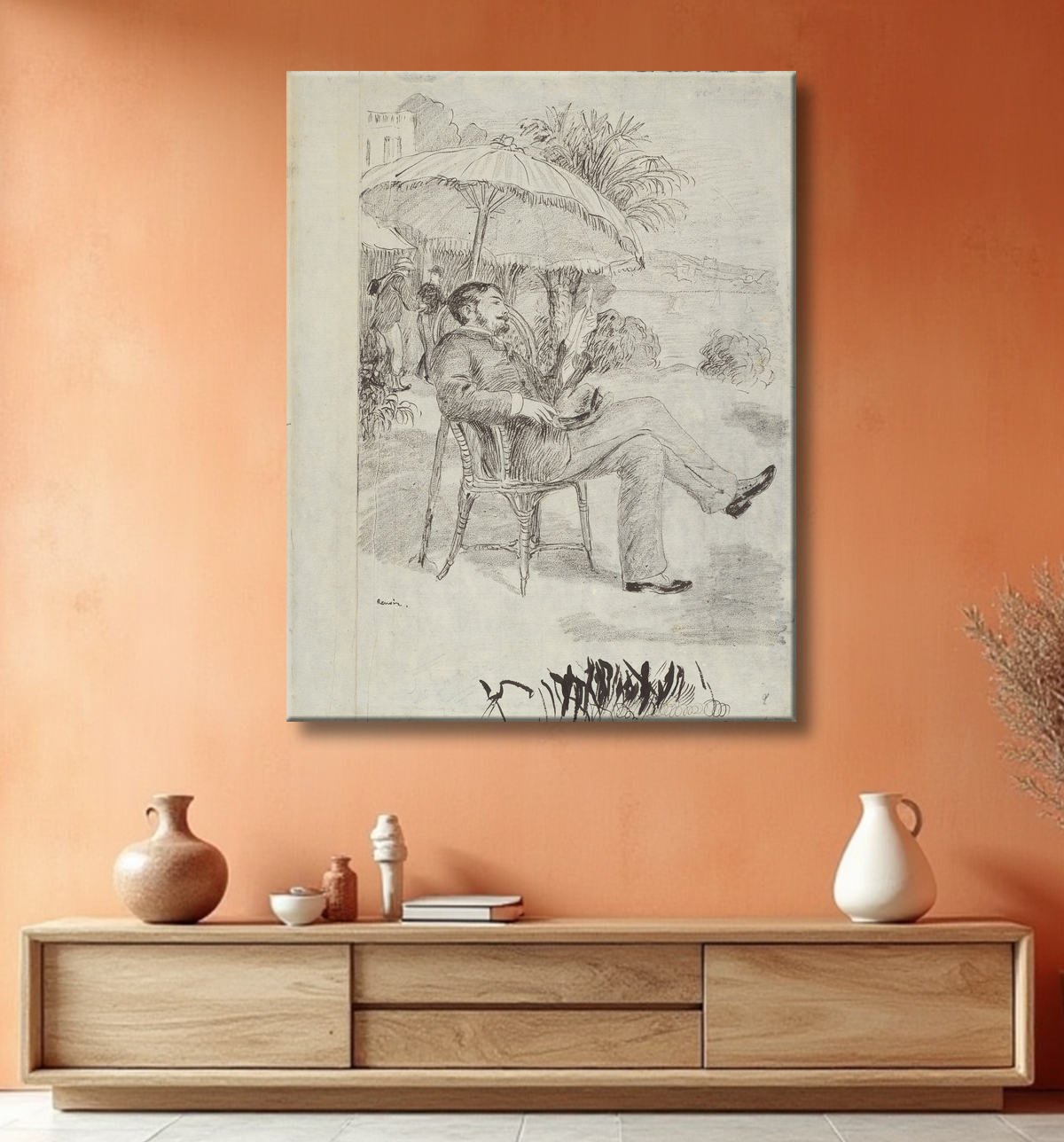 Reproduction Sur la terrasse d'un hôtel à Bordighera : le peintre Jean Martin revoit sa facture (Illustration pour « L'étiquette » d'Edmond Renoir) de Pierre-Auguste Renoir avec decor