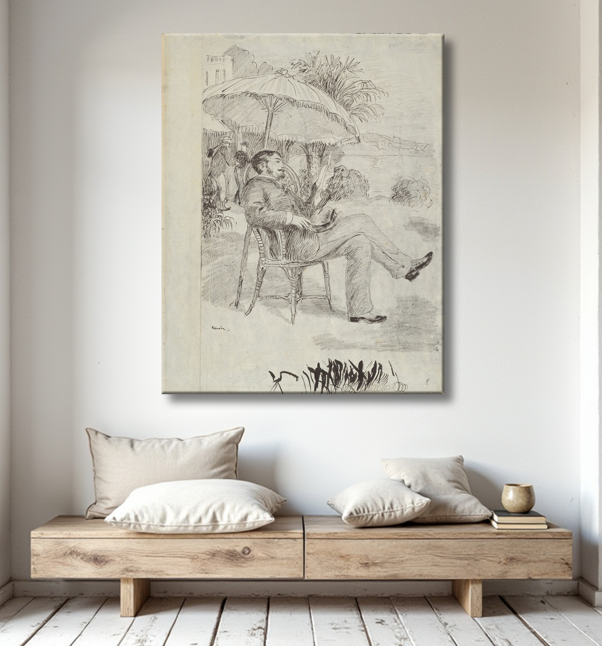 Reproduction Sur la terrasse d'un hôtel à Bordighera : le peintre Jean Martin revoit sa facture (Illustration pour « L'étiquette » d'Edmond Renoir) de Pierre-Auguste Renoir avec decor