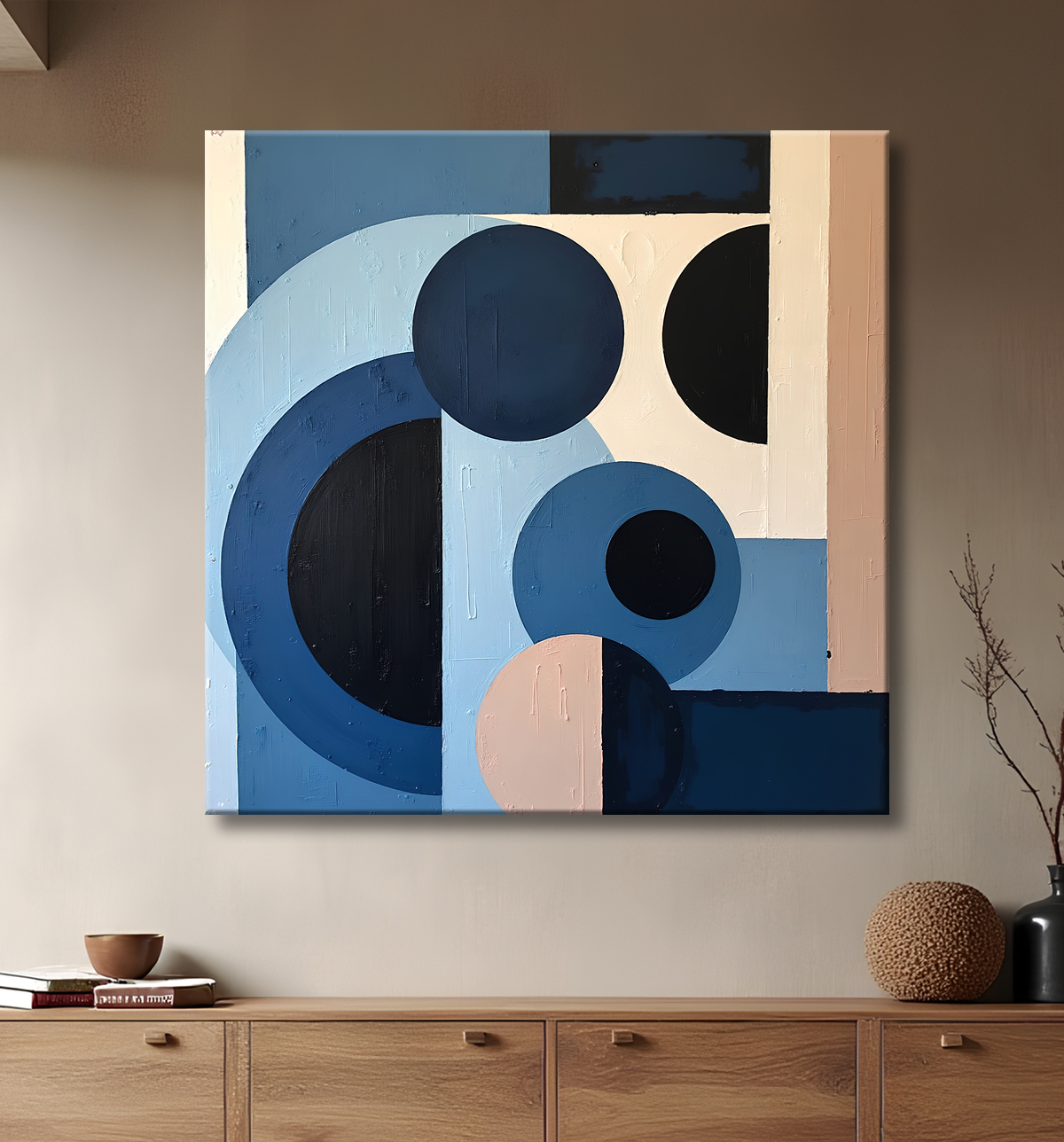 Tableau abstrait géométrique bleu en relief avec decor