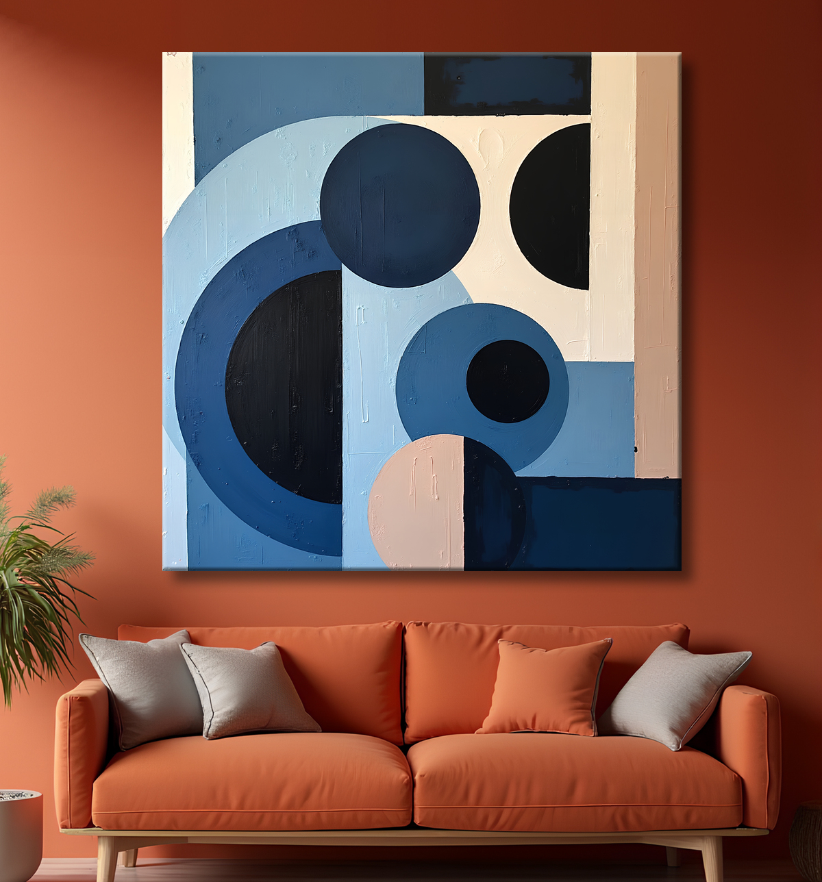 Tableau abstrait géométrique bleu en relief avec decor