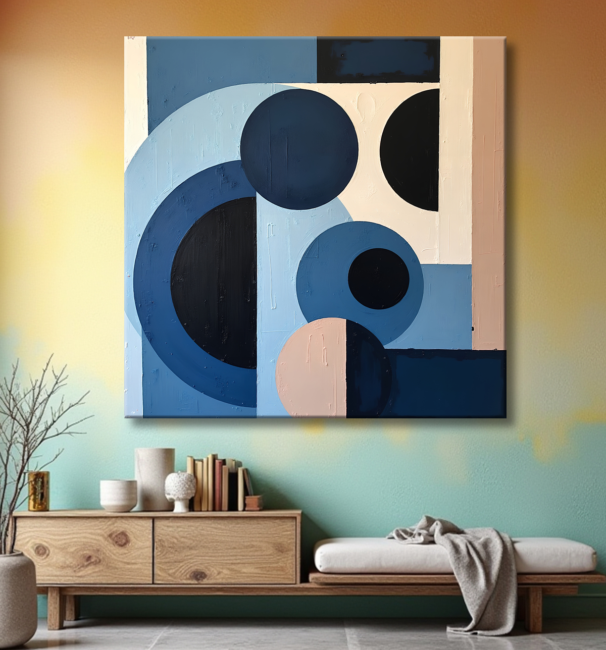 Tableau abstrait géométrique bleu en relief avec decor