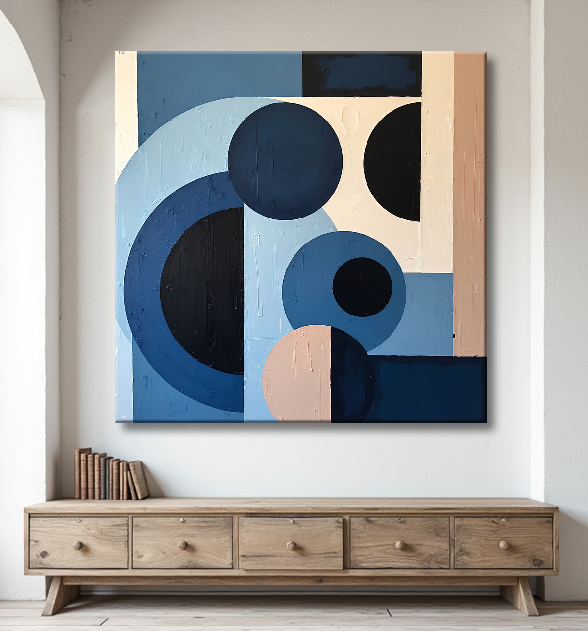 Tableau abstrait géométrique bleu en relief avec decor