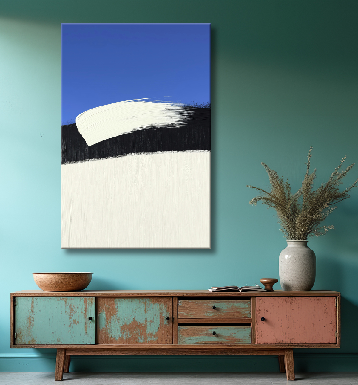 Tableau abstrait géométrique bleu en relief avec decor