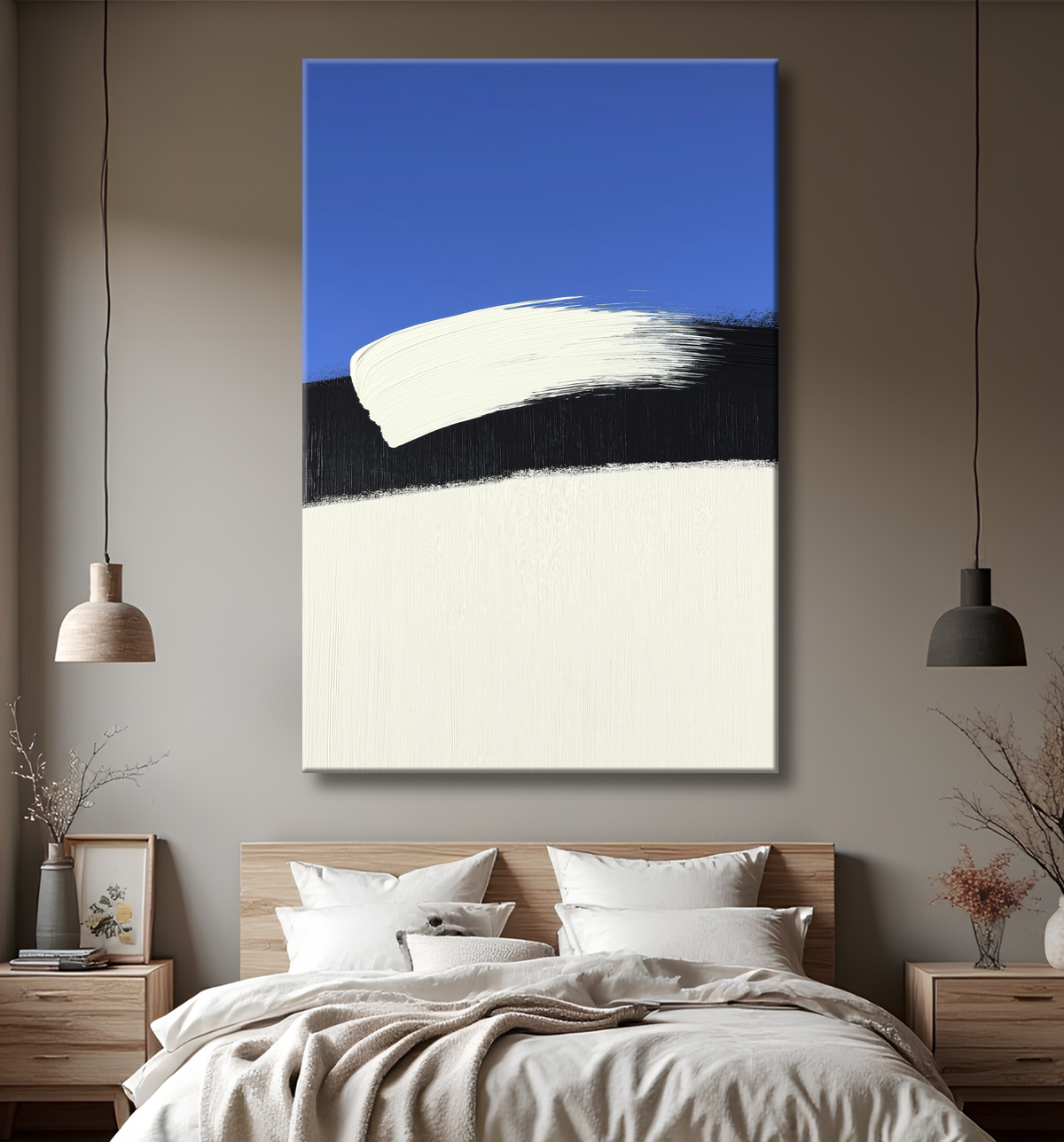 Tableau abstrait géométrique bleu en relief avec decor