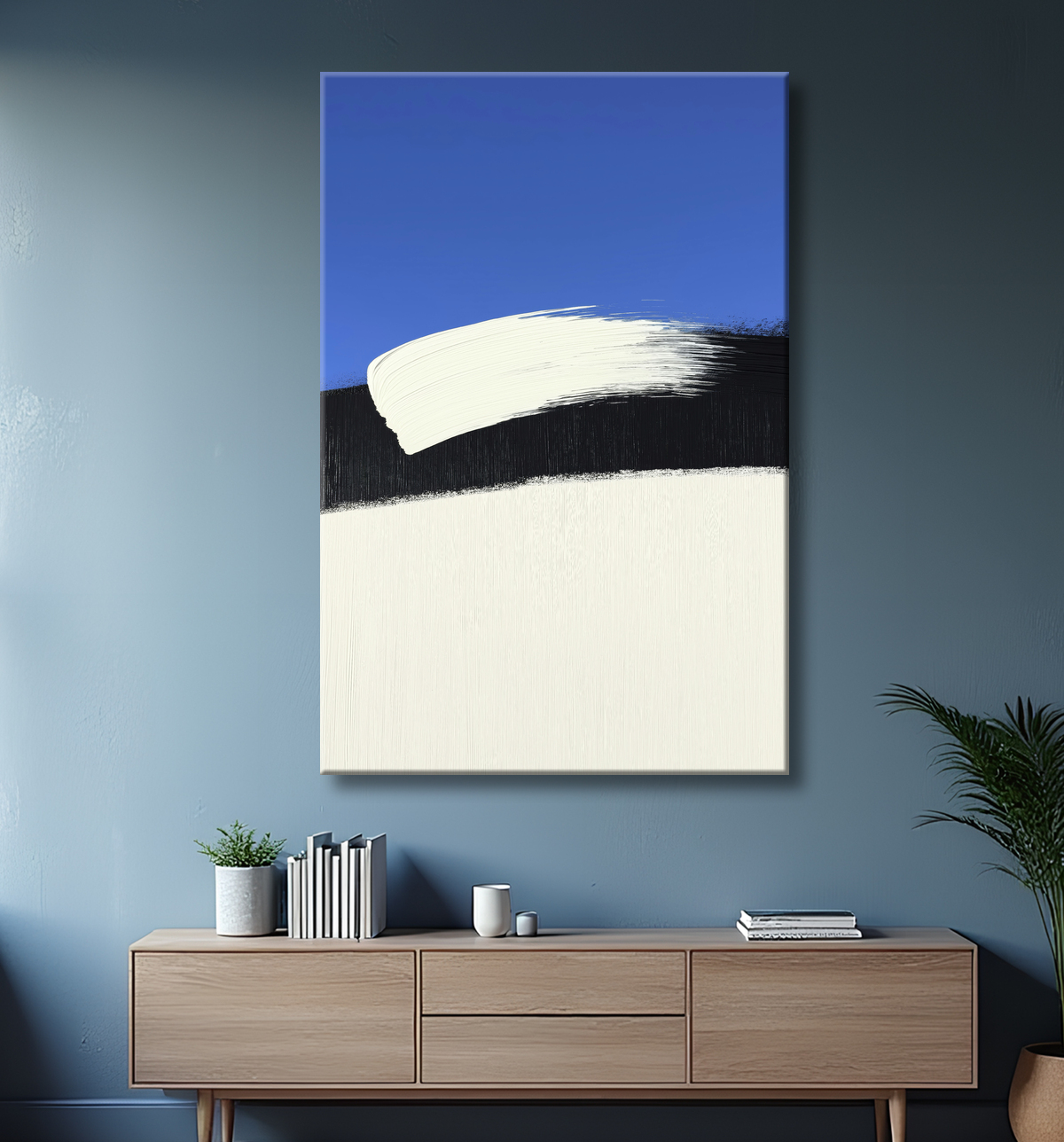 Tableau abstrait géométrique bleu en relief avec decor