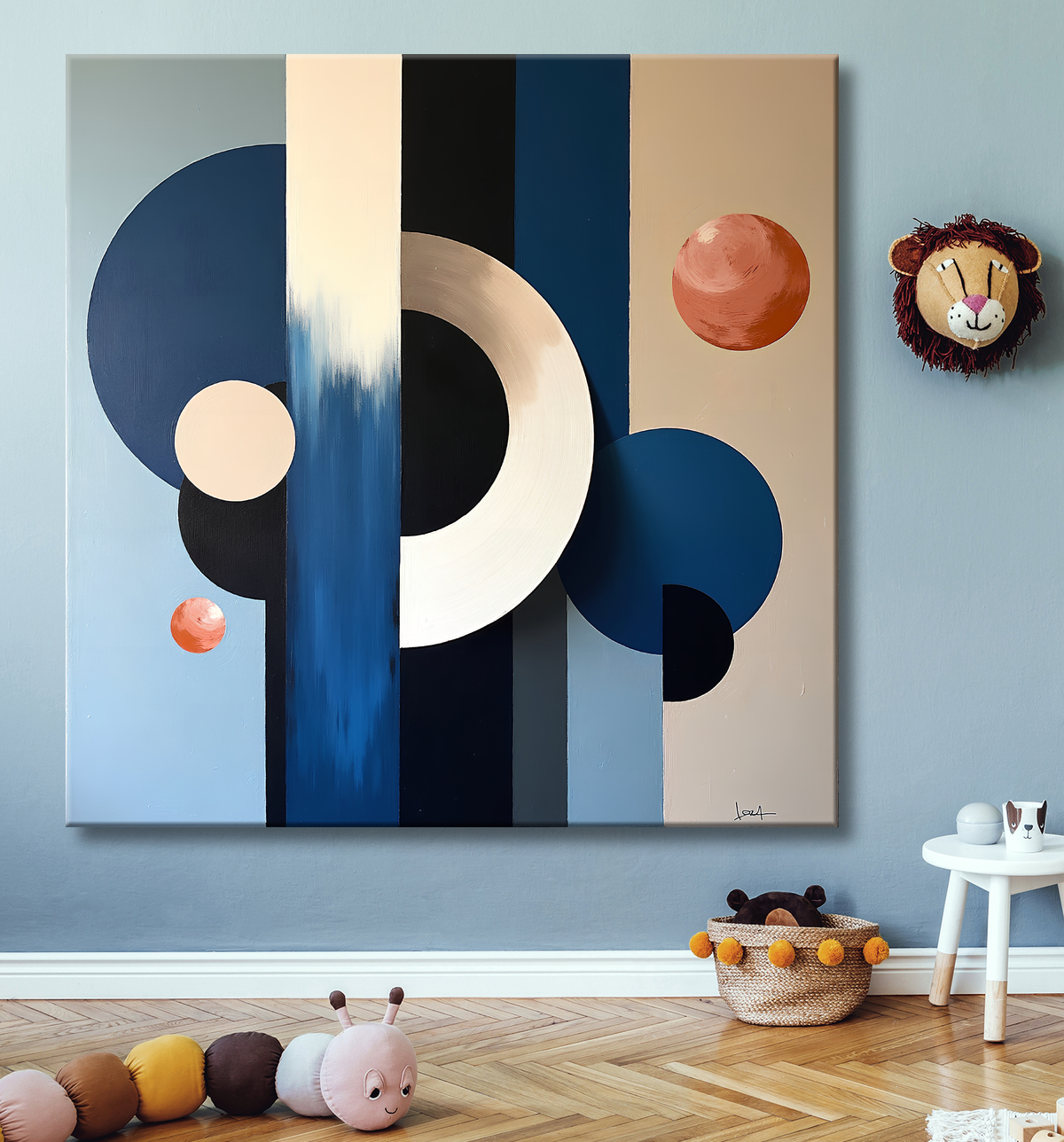 Tableau abstrait géométrique bleu en relief avec decor
