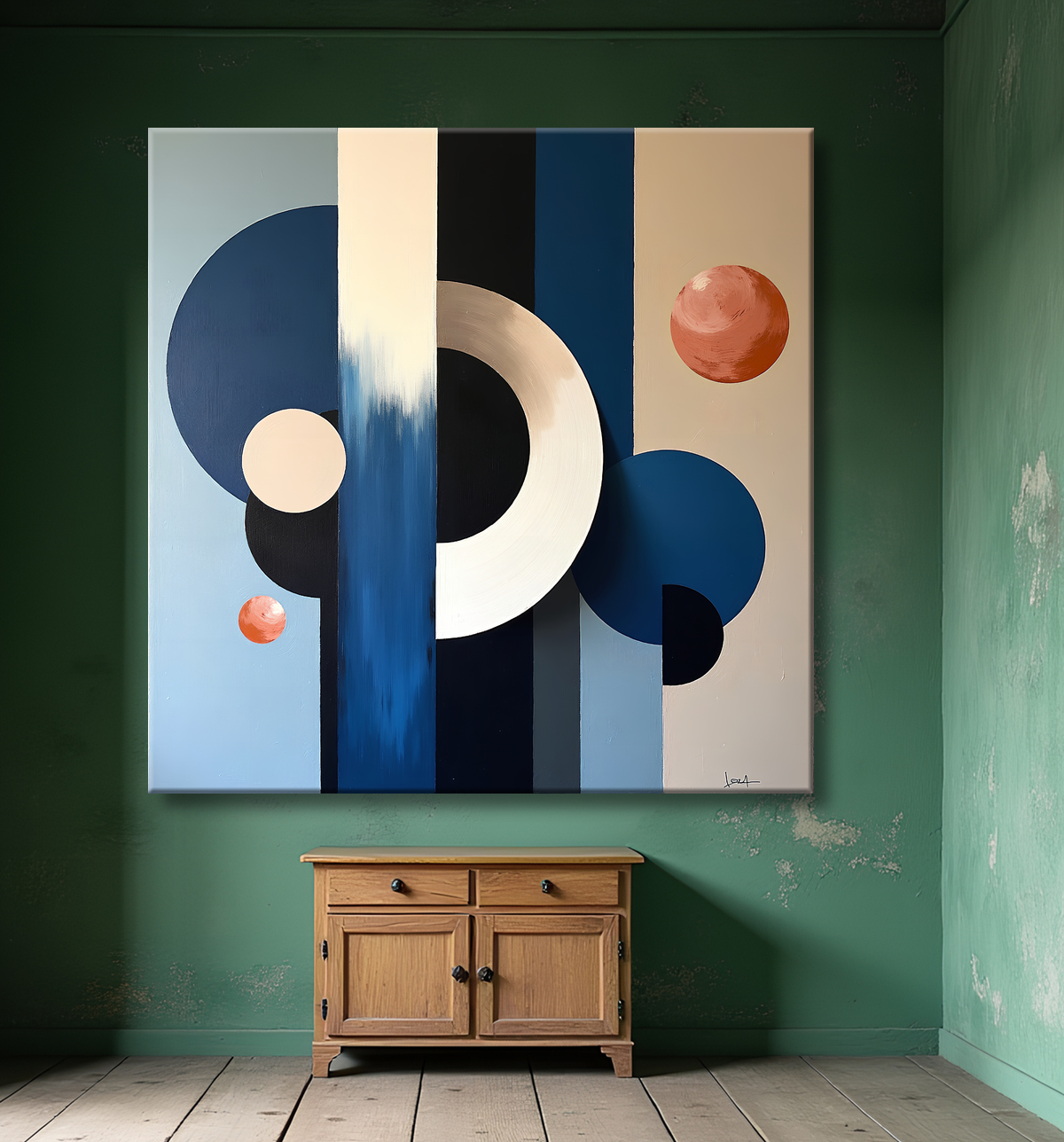 Tableau abstrait géométrique bleu en relief avec decor