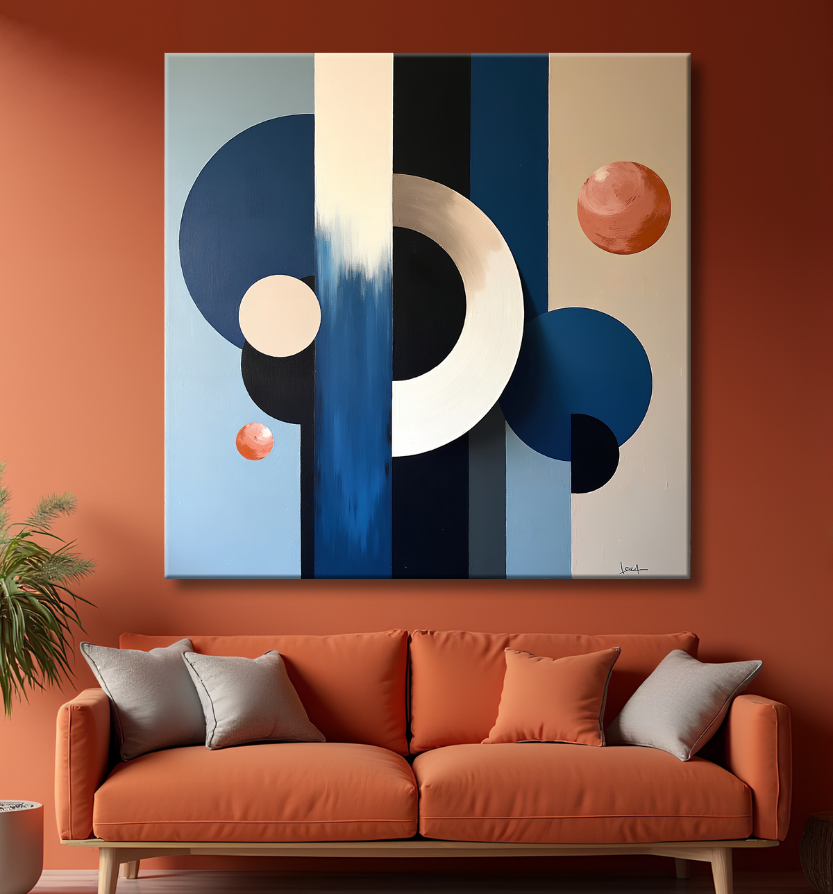 Tableau abstrait géométrique bleu en relief avec decor