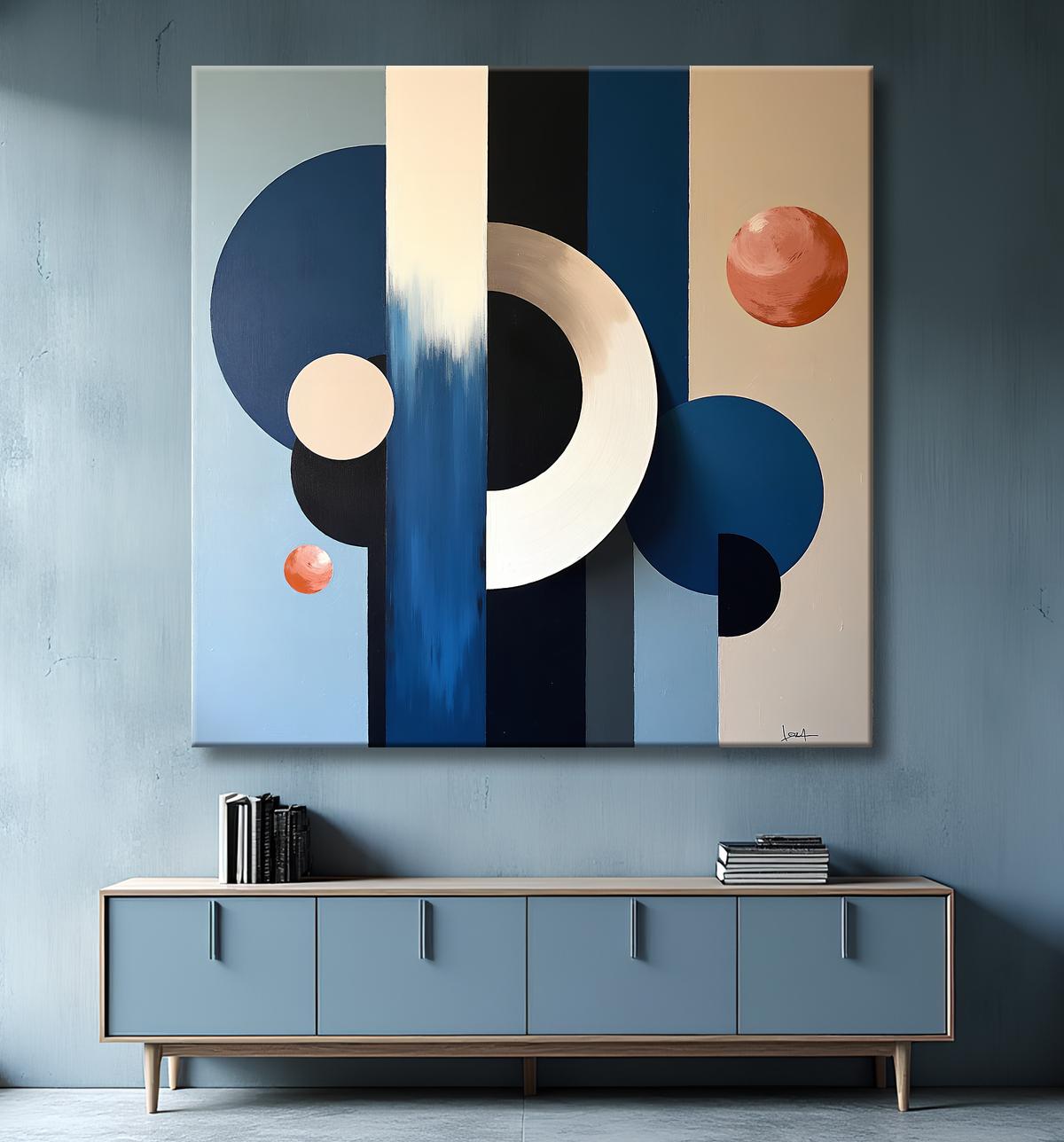Tableau abstrait géométrique bleu en relief avec decor