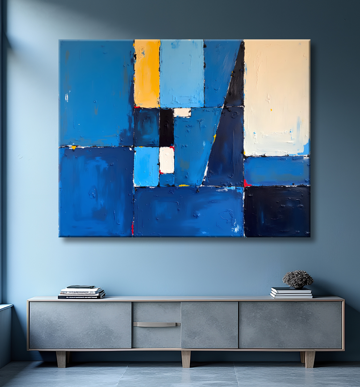 Tableau abstrait géométrique bleu en relief avec decor