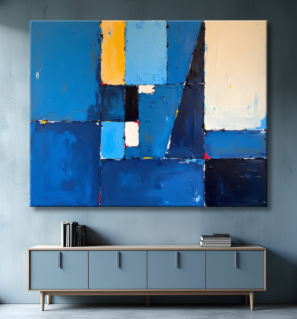 Tableau abstrait géométrique bleu en relief avec decor