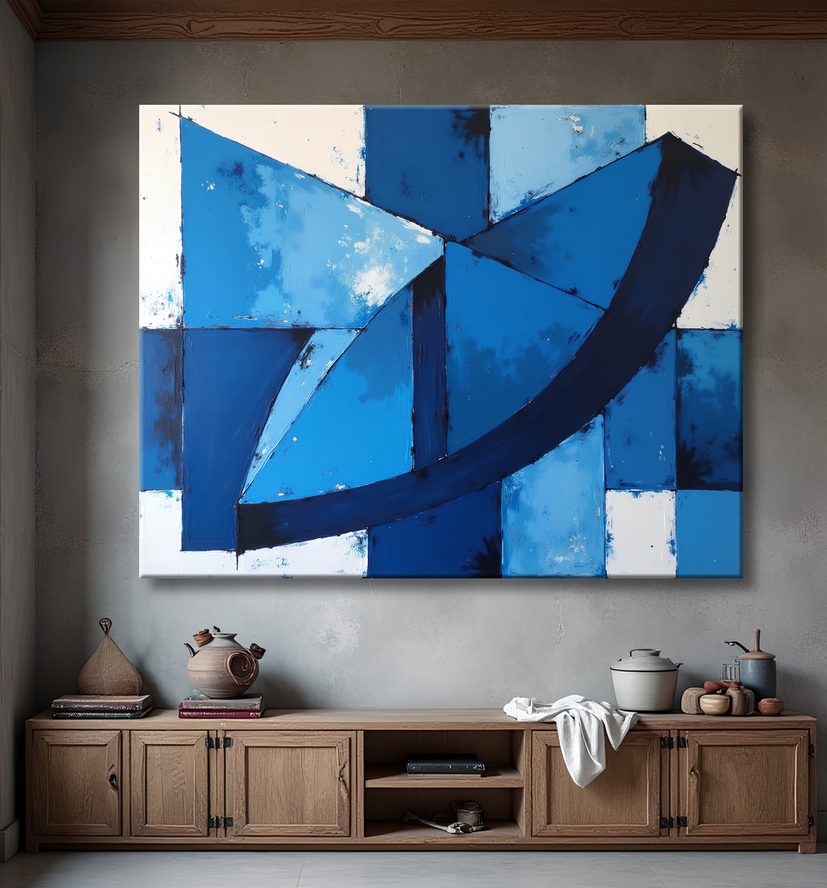 Tableau abstrait géométrique bleu en relief avec decor