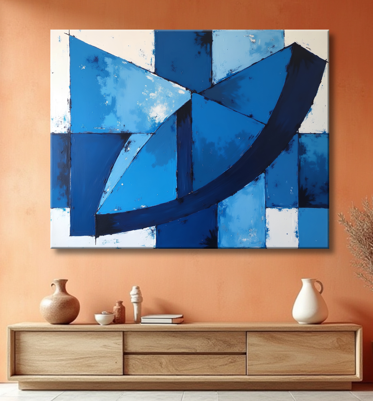 Tableau abstrait géométrique bleu en relief avec decor