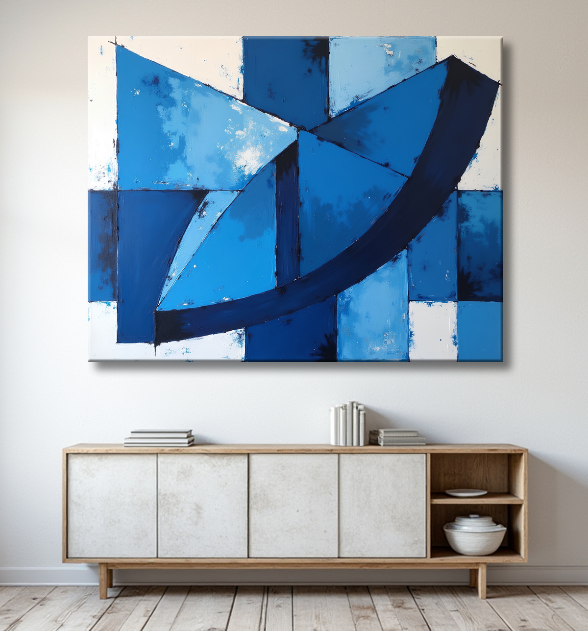 Tableau abstrait géométrique bleu en relief avec decor
