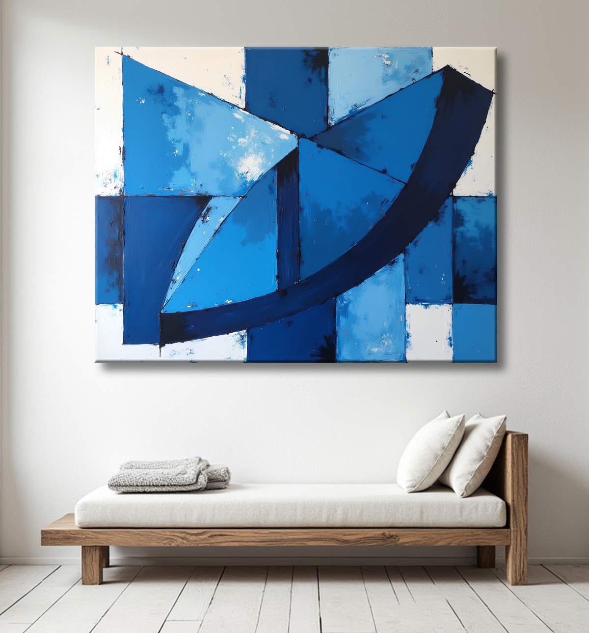 Tableau abstrait géométrique bleu en relief avec decor