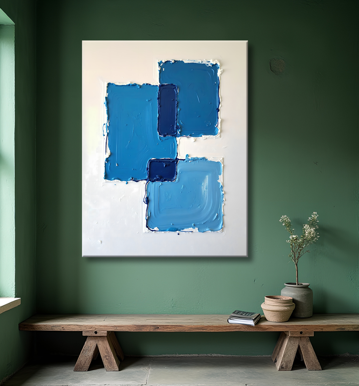 Tableau abstrait géométrique bleu en relief avec decor
