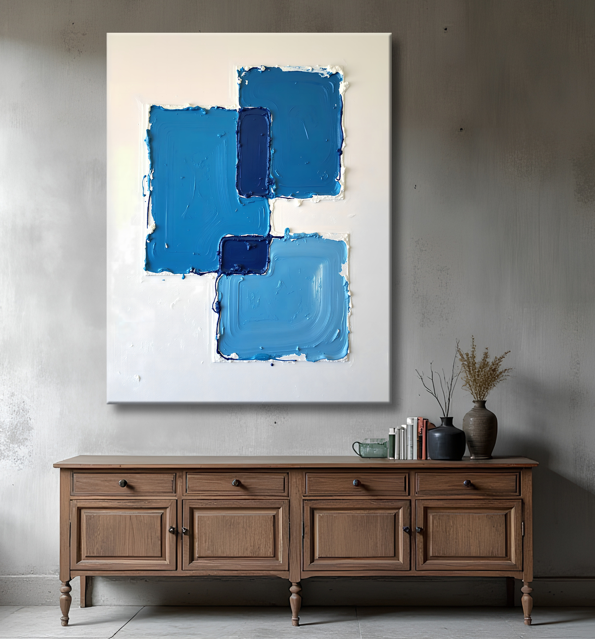 Tableau abstrait géométrique bleu en relief avec decor